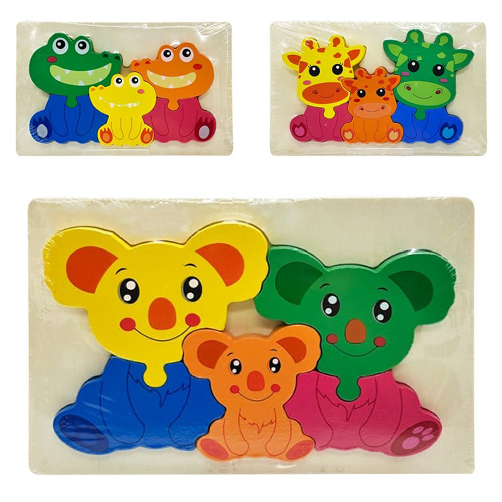TABULEIRO DIDATICO EDUCATIVO QUEBRA CABECA DE ENCAIXE FAMILIA DE ANIMAIS DE MADEIRA 6 PECAS 18X11CM