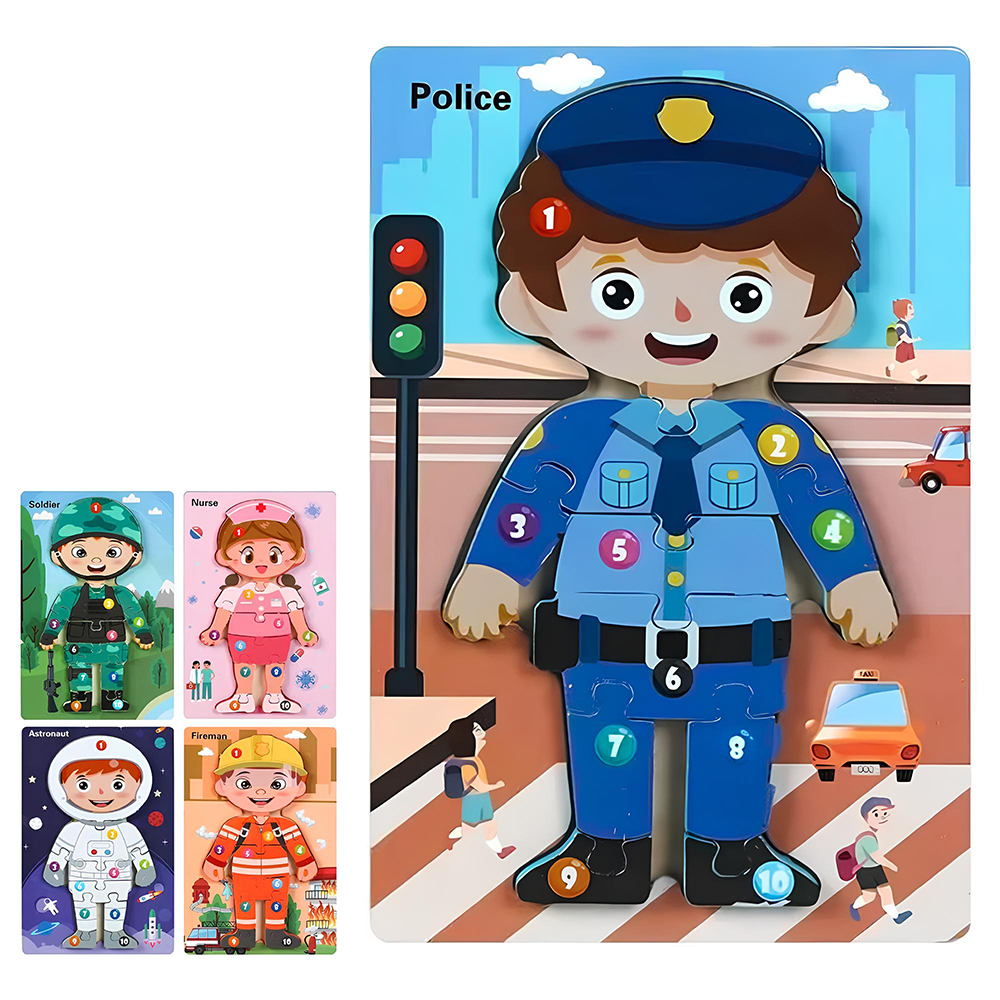 TABULEIRO DIDATICO EDUCATIVO QUEBRA CABECA DE ENCAIXE PROFISSOES DE MADEIRA 11 PECAS 22,5X15CM