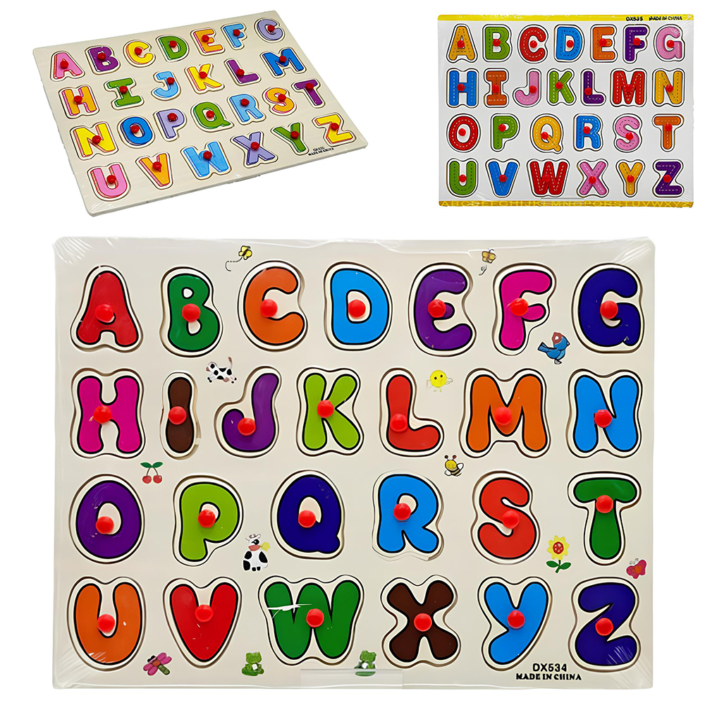 TABULEIRO DIDATICO DE ENCAIXE ALFABETO DE MADEIRA COM PINO 27 PECAS 30X22,5CM