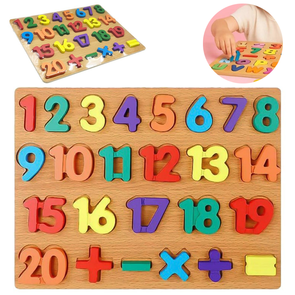 TABULEIRO DIDATICO NUMEROS E SINAIS DE MADEIRA COM 26 PECAS 30X22,5CM