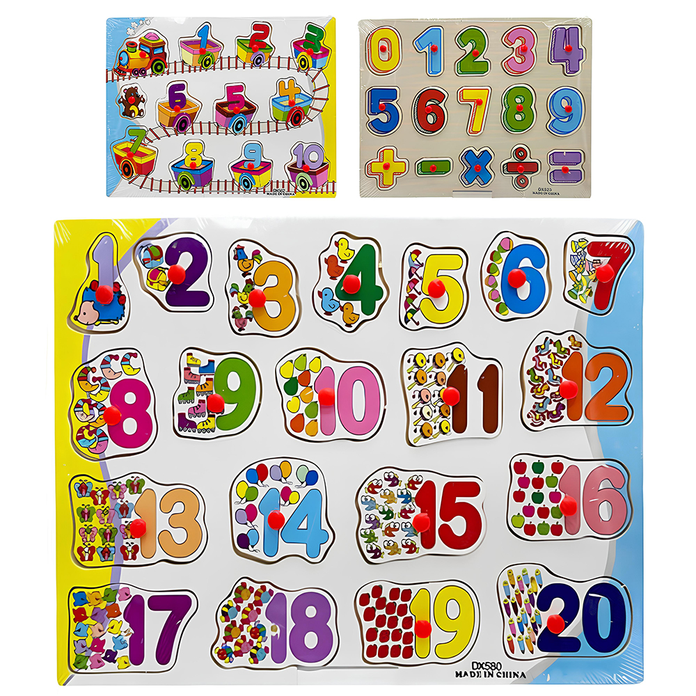 TABULEIRO DIDATICO DE ENCAIXE NUMEROS E SINAIS DE MADEIRA COM PINO 16 PECAS 30X22,5CM