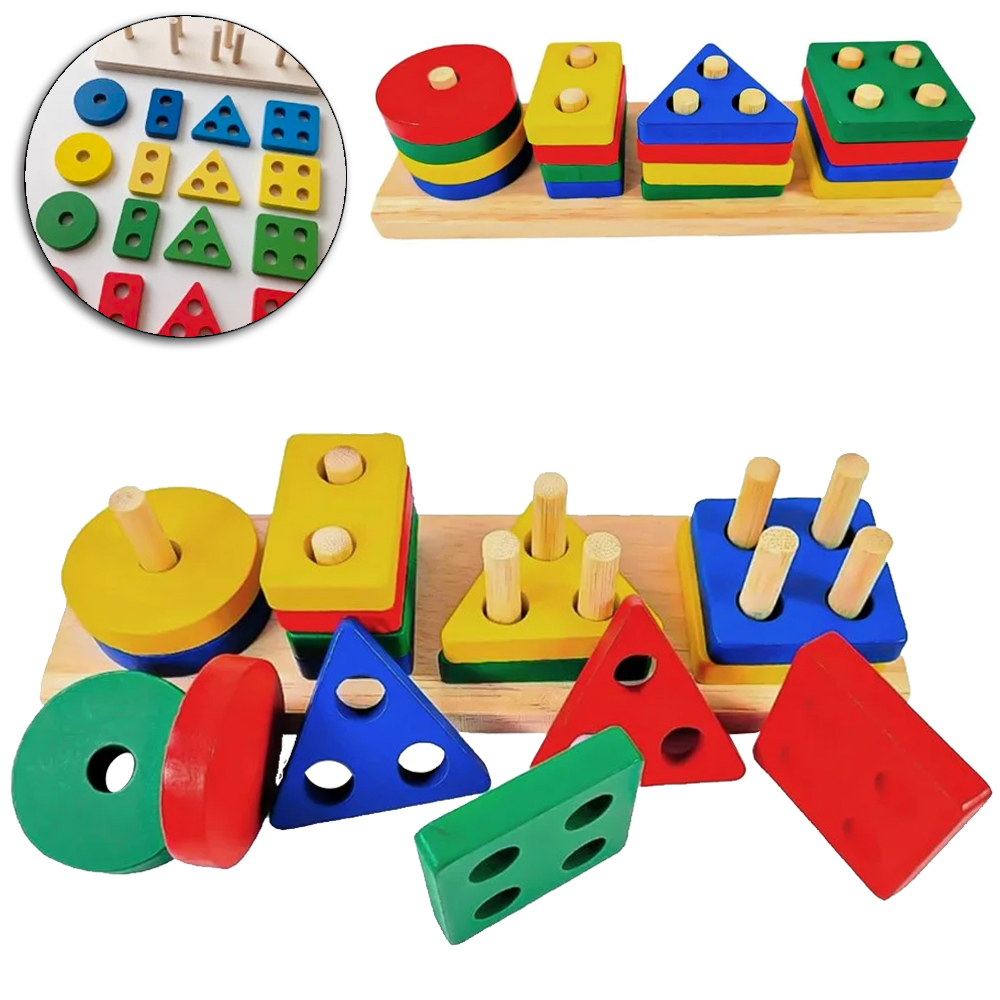 PIRAMIDE FORMAS GEOMETRICAS DIDATICO EDUCATIVO MONTA E DESMONTA DE MADEIRA 17 PECAS 21X6X4,5CM