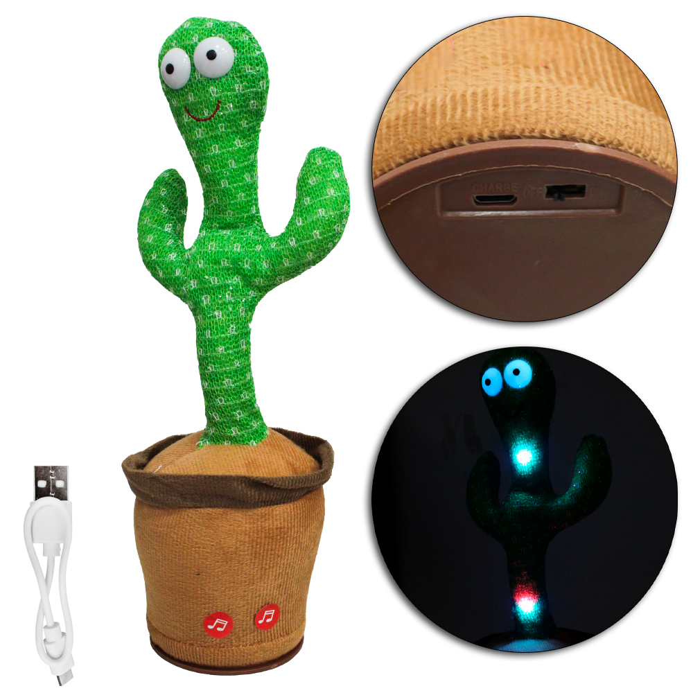 CACTO DE PELUCIA DANCARINO GRAVA E REPETE RECARREGAVEL USB COM LUZ TOP KIDS 32X8,5CM DE Ø