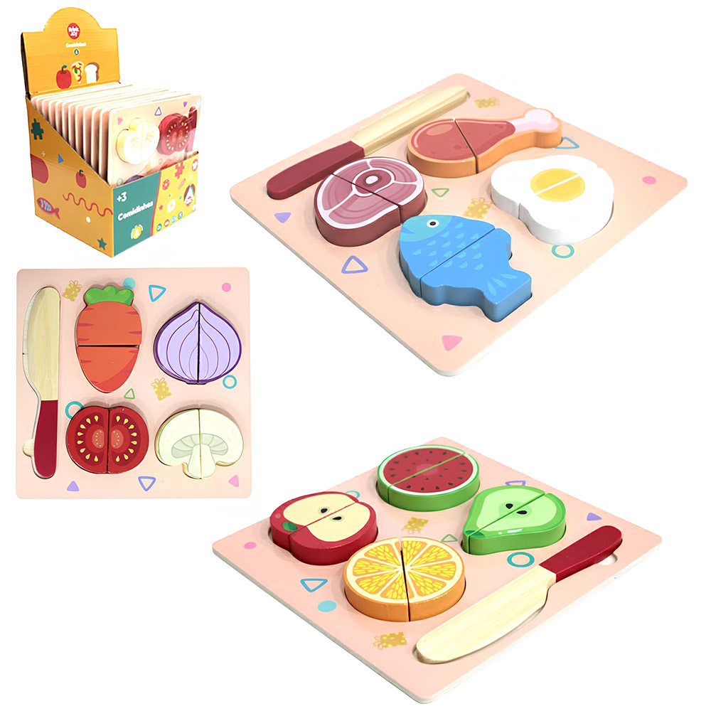 KIT COZINHA INFANTIL COM TABULEIRO + COMIDINHAS E FACA DE MADEIRA COM VELCRO 10 PECAS DP PLAY