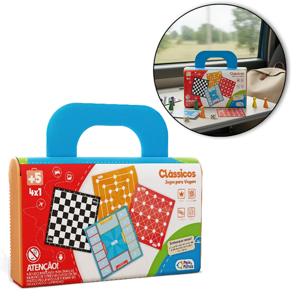 JOGOS PARA VIAGEM CLASSICOS 4 EM 1 DAMA / ALQUERQUE / MANCALA / TRILHA NA MALETA 26 PECAS
