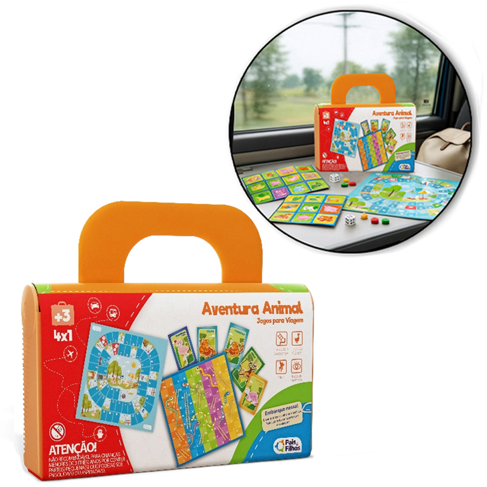 JOGOS PARA VIAGEM AVENTURA ANIMAL 4 EM 1 ESCADAS E SERPENTES / GANSO / MICO / MEMORIA NA MALETA 62 PECAS