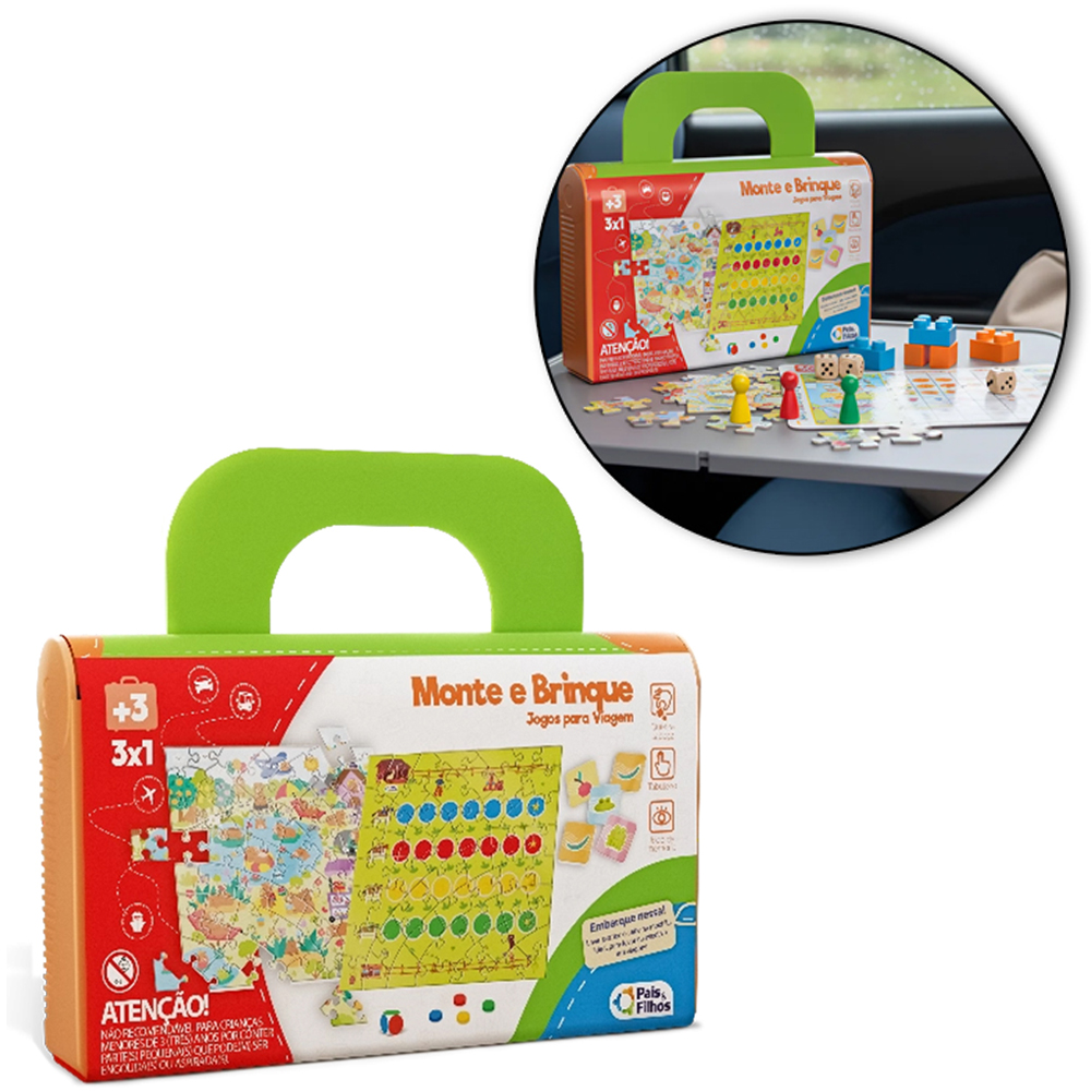 JOGOS PARA VIAGEM MONTE E BRINQUE 3 EM 1 QUEBRA CABECA / TABULEIRO / MEMORIA NA MALETA 37 PECAS