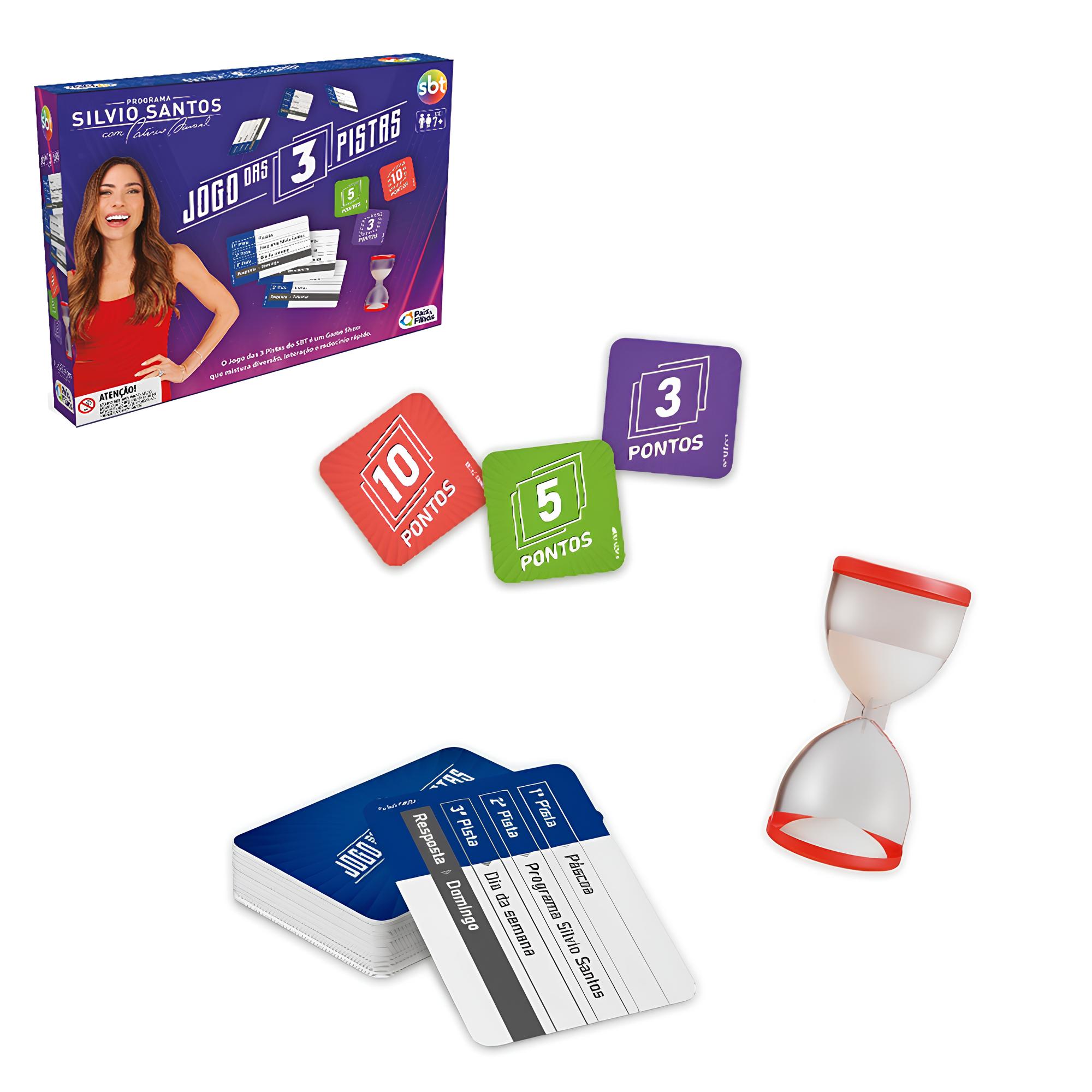 JOGO DAS 3 PISTAS SBT COM 168 CARTAS + 36 FICHAS DE PONTUACAO E 1 AMPULHETA