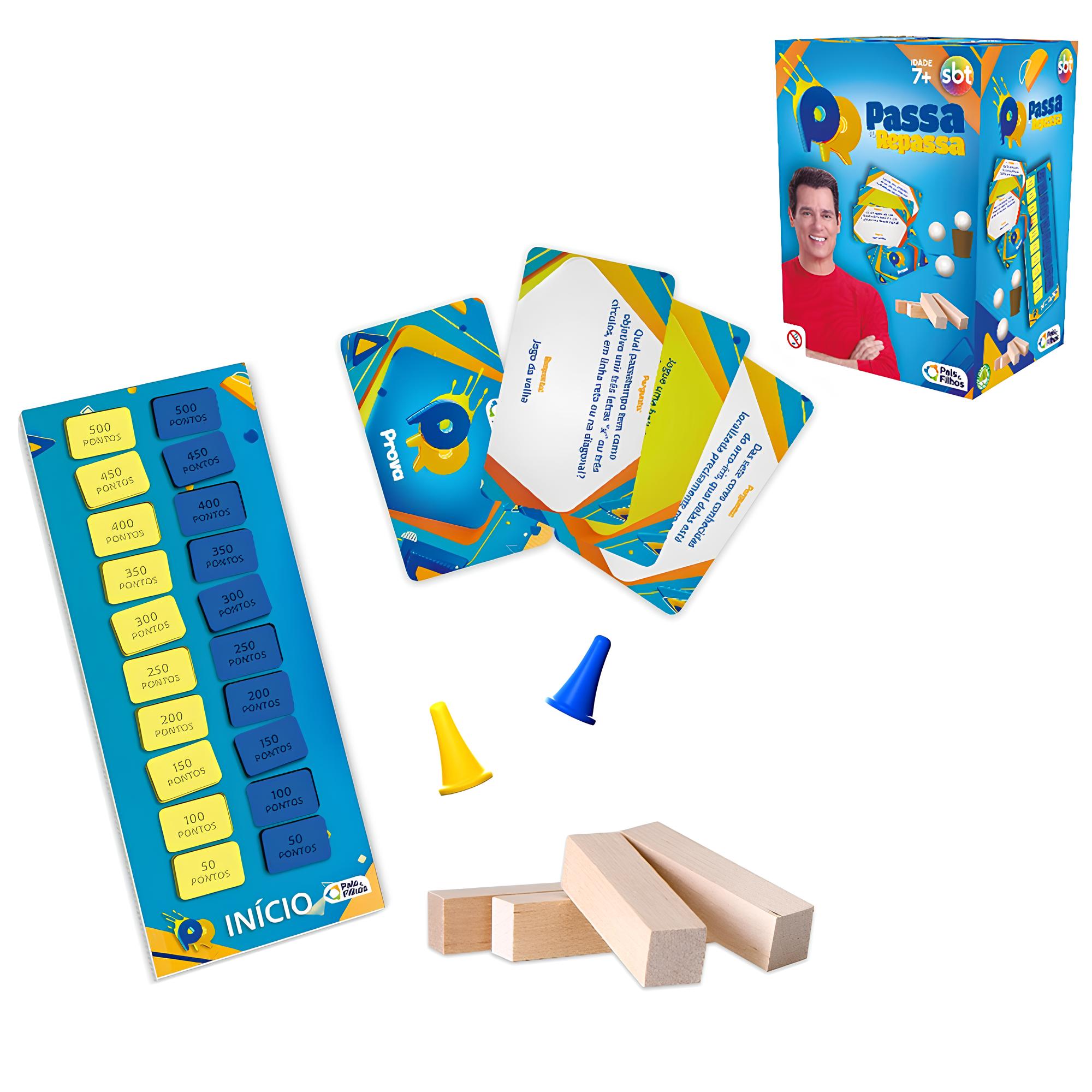JOGO PASSA OU REPASSA SBT PERGUNTAS E RESPOSTAS COM 5 BLOCOS DE MADEIRA MDF + ACESSORIOS 242 PECAS