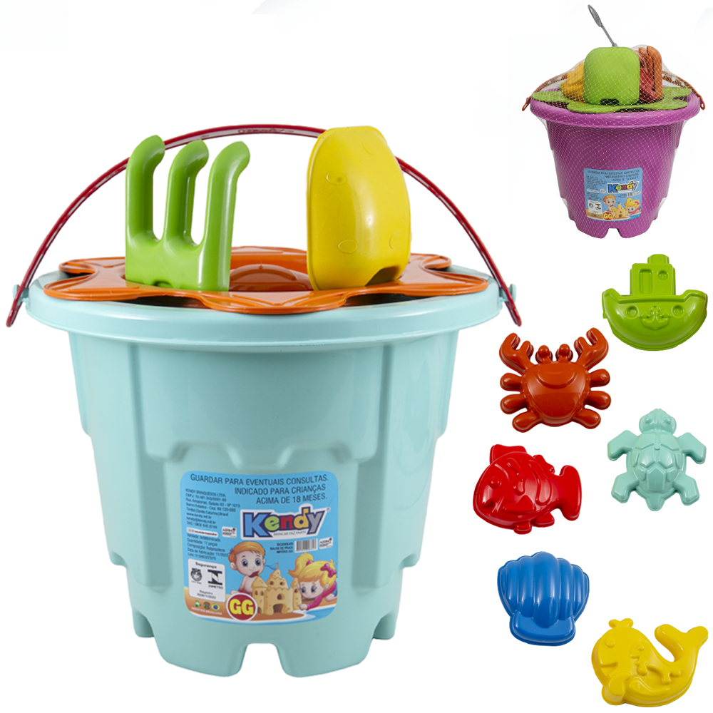 BALDE DE PRAIA COM PA + ANCINHO / RASTELO + 6 MOLDES E PENEIRA IMPERIO GG NA REDE