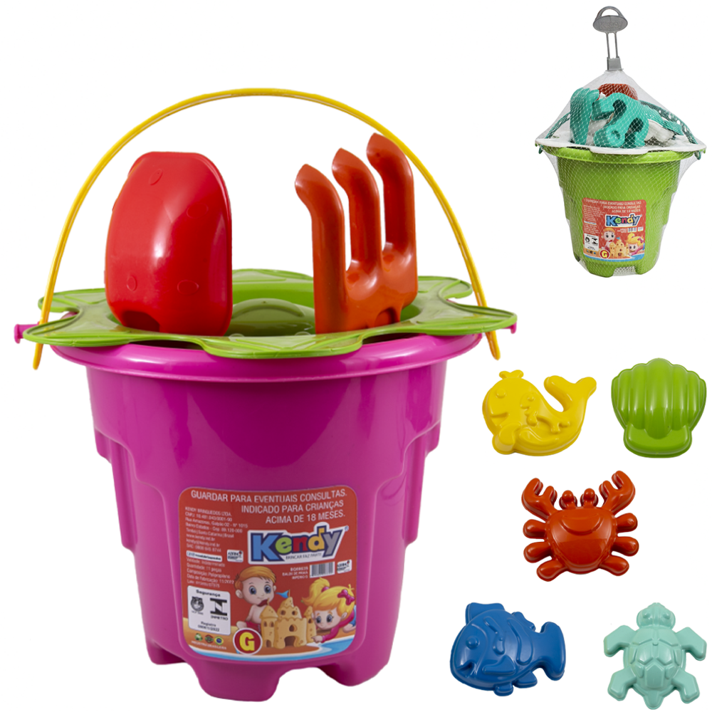 BALDE DE PRAIA COM PA + ANCINHO / RASTELO + 5 MOLDES E PENEIRA IMPERIO G NA REDE