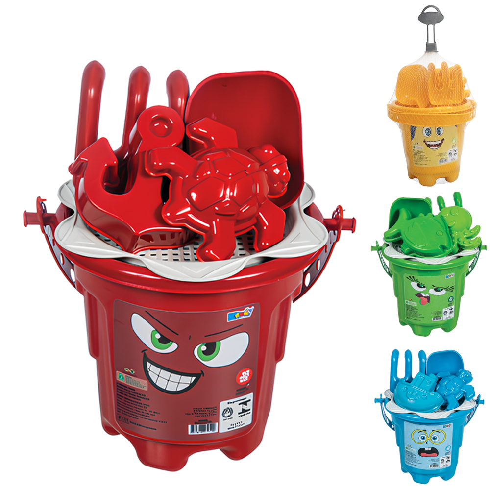 BALDE DE PRAIA COM PA + ANCINHO / RASTELO + 2 MOLDES E PENEIRA NA REDE