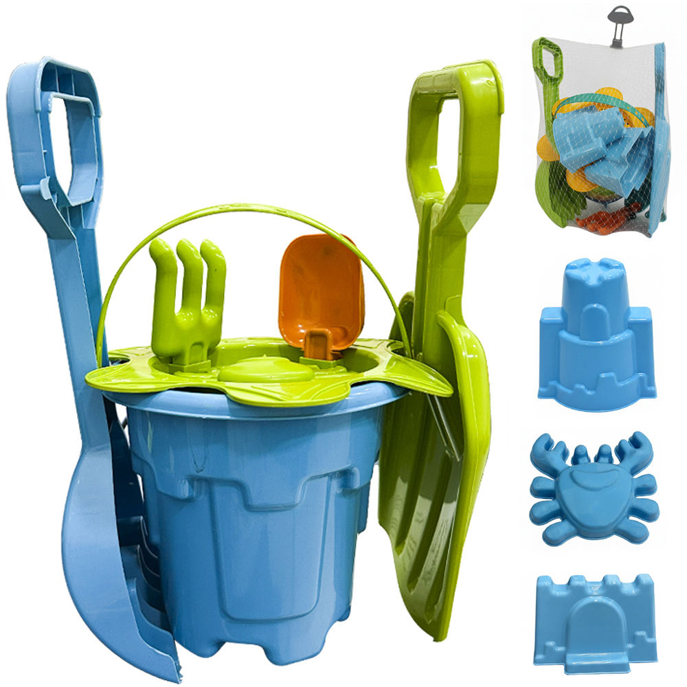 BALDE DE PRAIA COM 2 PAS + 2 ANCINHO / RASTELO + 4 MOLDES E PENEIRA CASTELO G