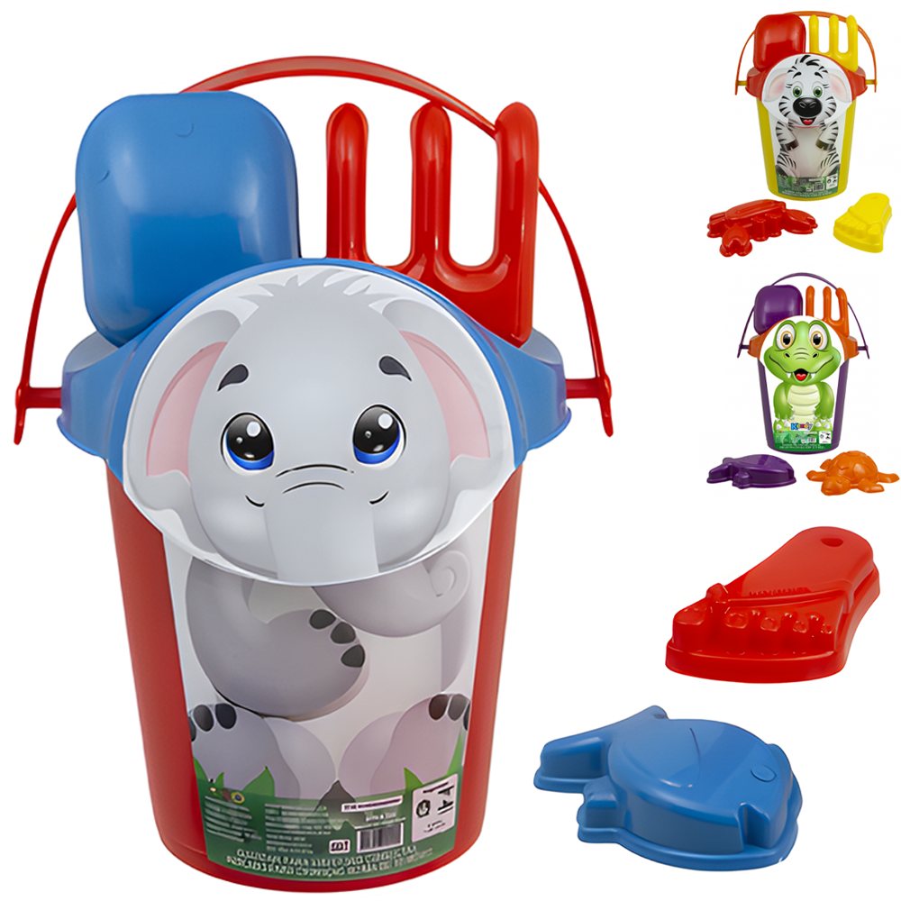 BALDE DE PRAIA C/PA + ANCINHO/RASTELO + 2 MOLDES E PENEIRA ANIMAIS NA REDE