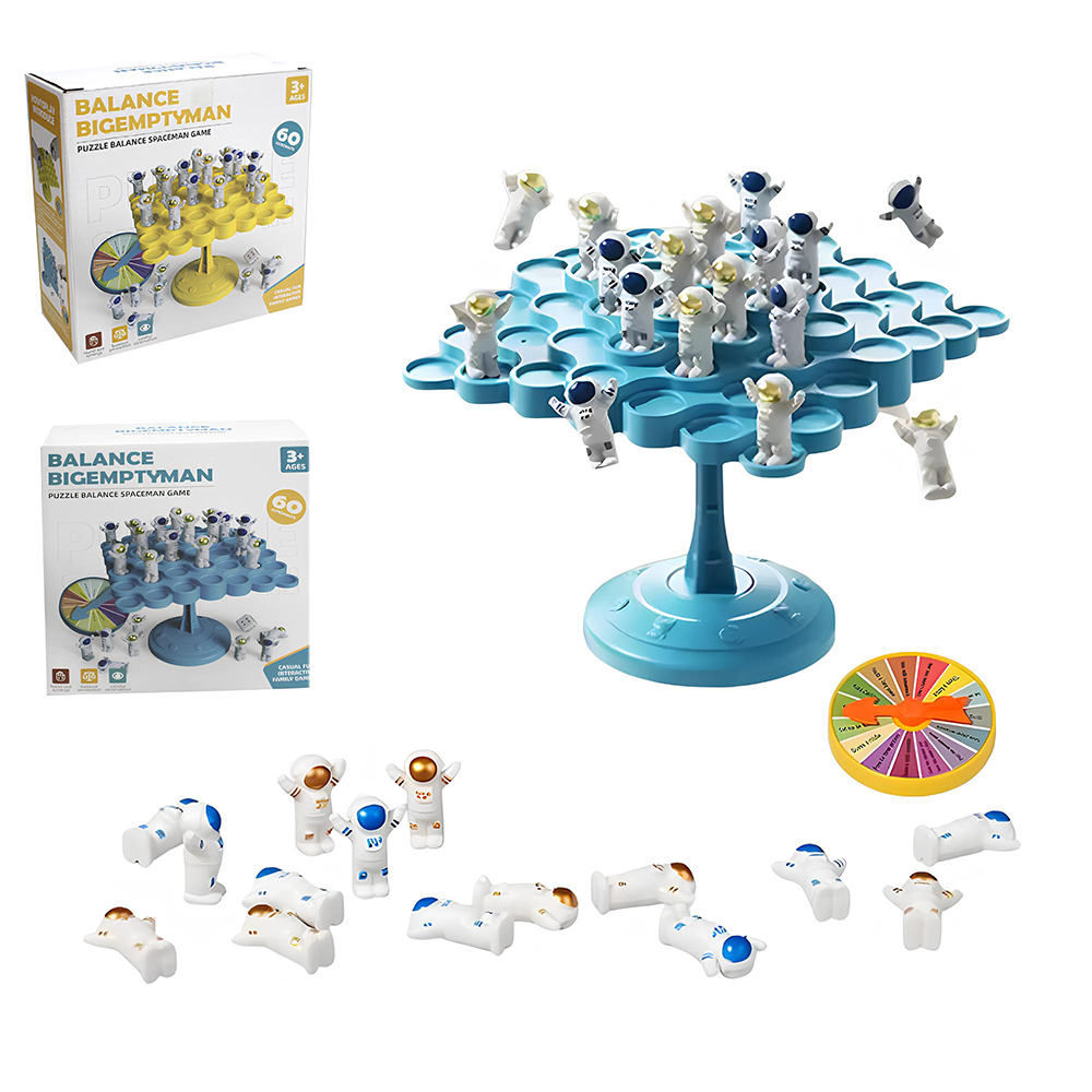 JOGO EQUILIBRIO COM 60 ASTRONAUTA + ROLETA + SUPORTE + DADO E SACO DE PLASTICO RETANGULAR