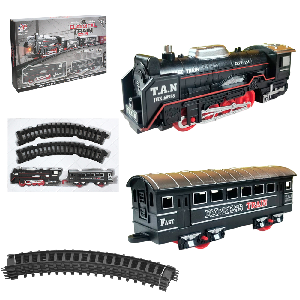 TREM LOCOMOTIVA CLASSICO COM TRILHO CLASSICAL TRAIN MODEL COM LUZ + SOM A PILHA 10 PECAS