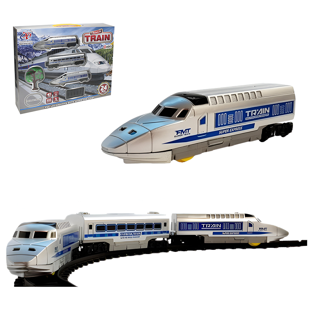 TREM LOCOMOTIVA COM TRILHO TRACK TRAIN COM LUZ + SOM E ACESSORIOS A PILHA 24 PECAS