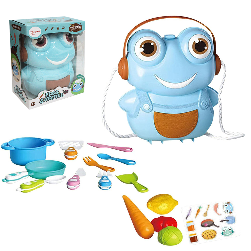 KIT COZINHA INFANTIL COM FRIGIDEIRA + PANELA E ACESSORIOS FROG SATCHEL KITCHEN SET 14 PECAS NA MALETA SAPO
