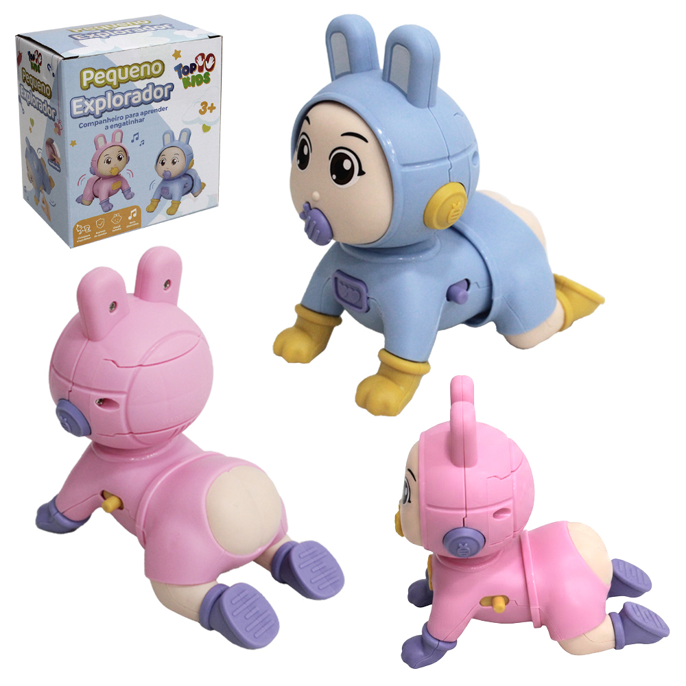 BONECA ROSA / BONECO AZUL ENGATINHANDO PEQUENO EXPLORADOR COM SOM A PILHA TOP KIDS