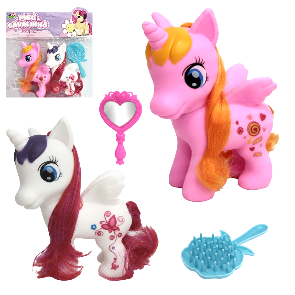 UNICORNIO / PONEY DE VINIL COM CRINA E CALDA + ESCOVA MEU CAVALINHO TOP KIDS 4 PECAS