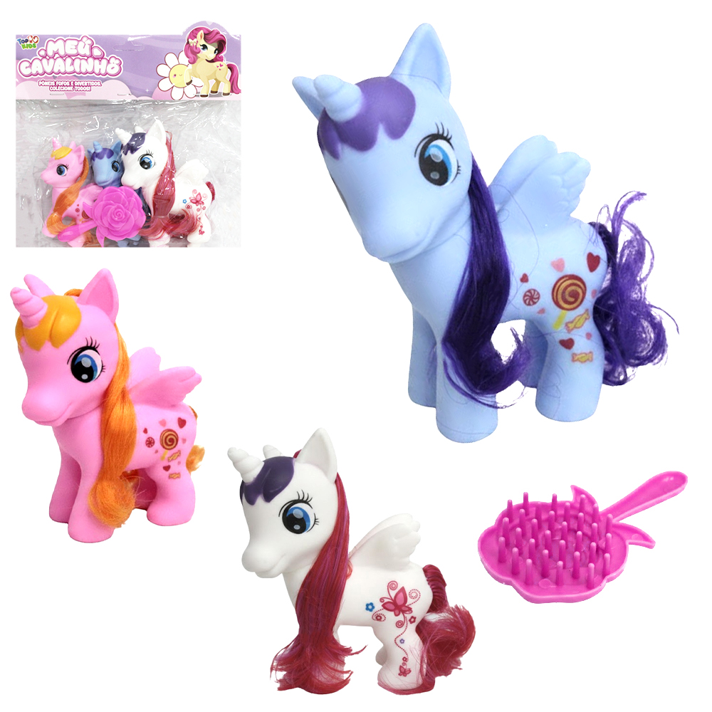 UNICORNIO / PONEY DE VINIL COM CRINA E CALDA + ESCOVA MEU CAVALINHO TOP KIDS 4 PECAS