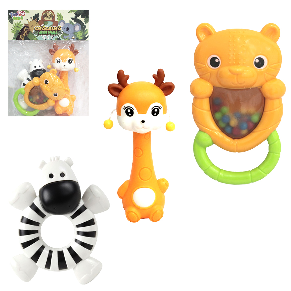 CHOCALHO DIVERTIDO ANIMAIS TOP KIDS COM 3 PECAS