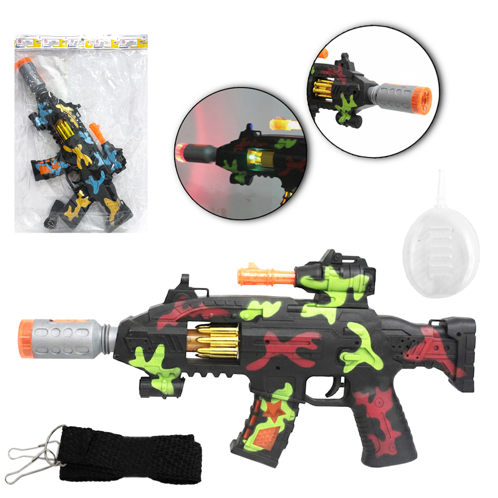 PISTOLA / METRALHADORA CAMUFLADA SOLTA FUMACA COM SOM + LUZ E ALCA A PILHA TOP KIDS