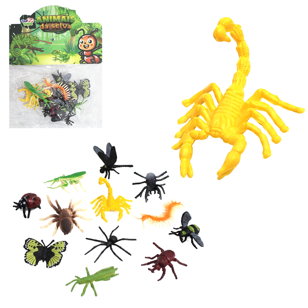 KIT ANIMAL SELVAGEM INSETOS DE PVC ANIMAIS DA SELVA TOP KIDS COM 15 PECAS