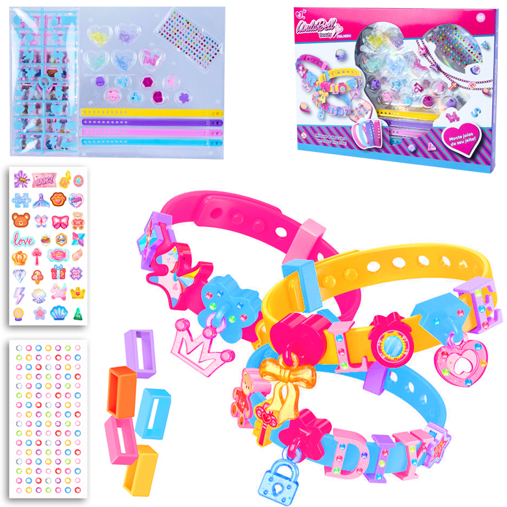 KIT BELEZA / BIJUTERIA INFANTIL COM 4 PULSEIRAS + ACESSORIOS LINDA BELL BEAUTY JOALHERIA 240 PECAS