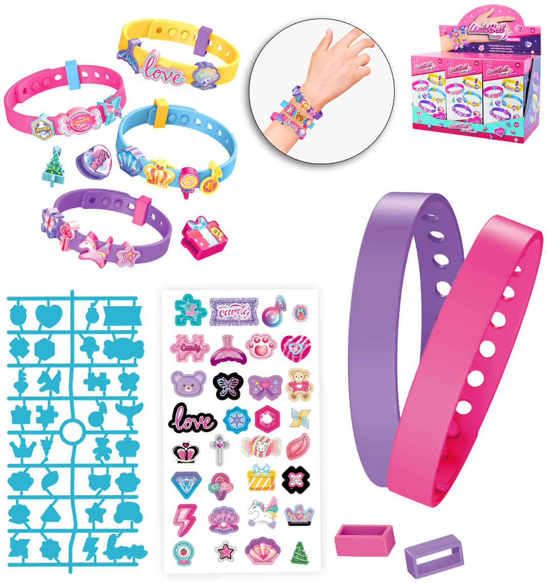 KIT BELEZA / BIJUTERIA INFANTIL COM 2 PULSEIRAS + ACESSORIOS LINDA BELL BEAUTY JOALHERIA 68 PECAS DP PLAY