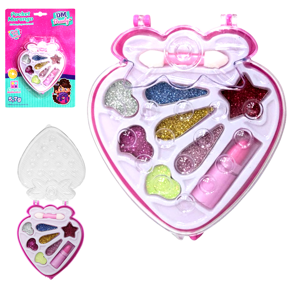 ESTOJO DE MAQUIAGEM C/SOMBRA GLITTER + BATOM E PINCEL POCKET MORANGO DM BEAUTY