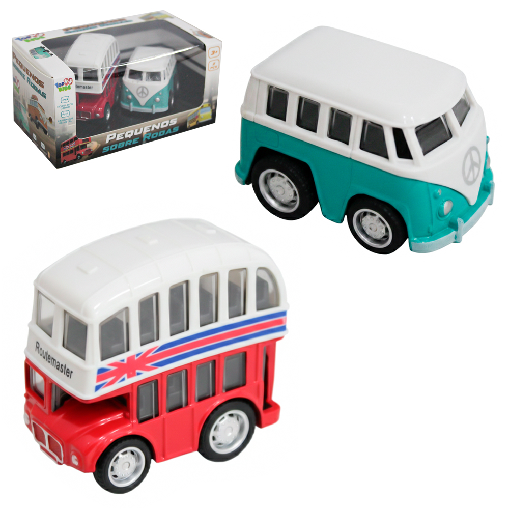 ONIBUS 2 ANDARES + CARRO DE METAL VAN / KOMBI A FRICCAO PULL BACK PEQUENOS SOBRE RODAS TOP KIDS