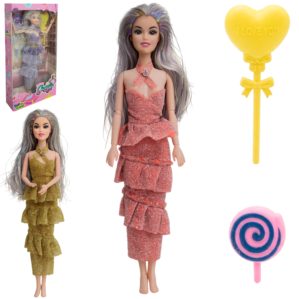 BONECA GAROTA ESTILOSA ARTICULADA COM VESTIDO + ACESSORIOS TOP KIDS 3 PECAS