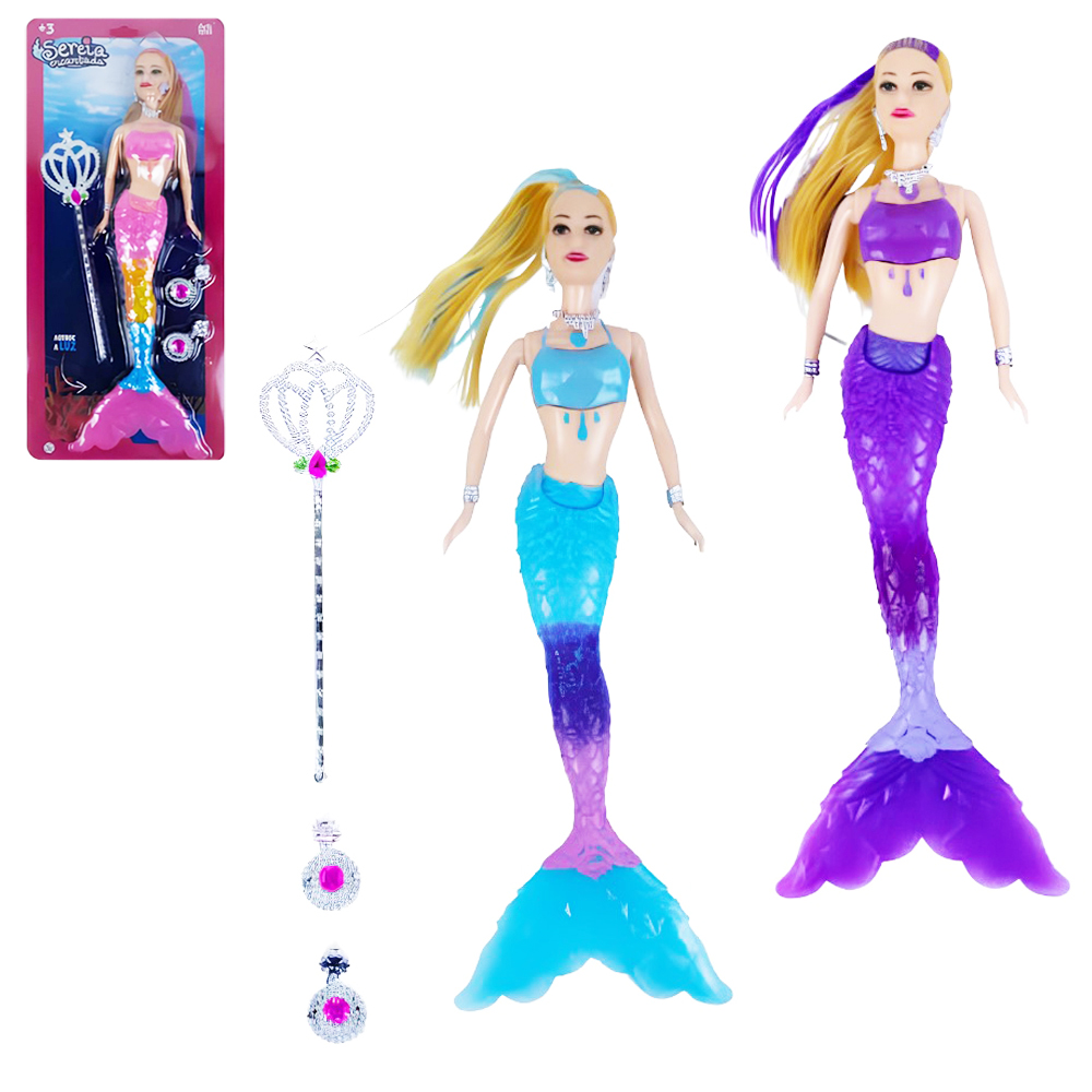 BONECA SEREIA ENCANTADA COM VARINHA MAGICA / CETRO + 2 ACESSORIOS E LUZ A BATERIA