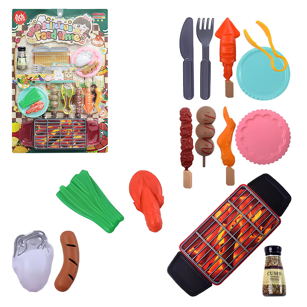 KIT COZINHA INFANTIL COM CHURRASQUEIRA + ACESSORIOS DELICIOUS FOOD TIME 15 PECAS