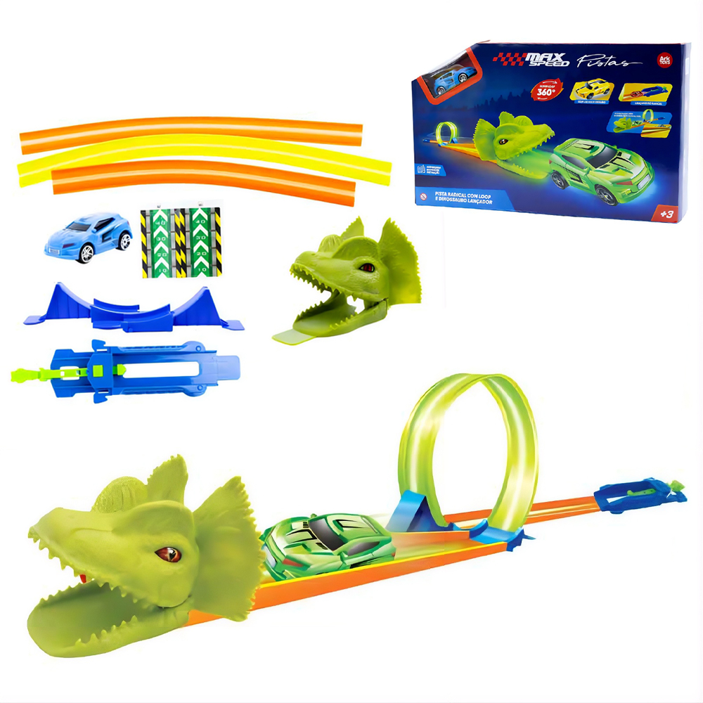 CARRO COM LUZ NEON EMBAIXO A BATERIA + LANCADOR E PISTA EFEITO GLOW DINOSSAURO LOOPING 360º MAX SPEED