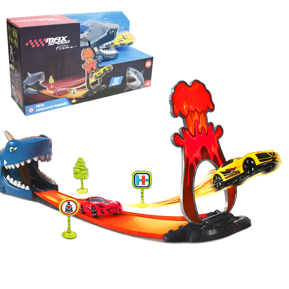 CARRO COM LANCADOR TUBARAO COM ACESSORIOS MAX SPEED 10 PECAS