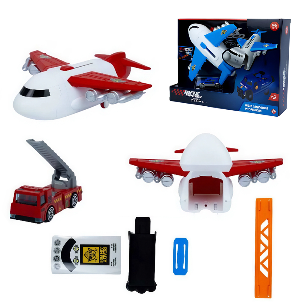 CARRO / CAMINHAO COM LANCADOR AVIAO COM ACESSORIOS PROFISSOES MAX SPEED 4 PECAS