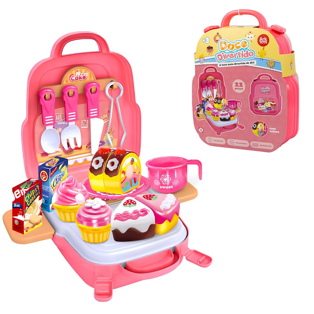 KIT COZINHA INFANTIL COM CUPCAKE + TALHERES E ACESSORIOS DOCE DIVERTIDO 22 PECAS NA MALETA