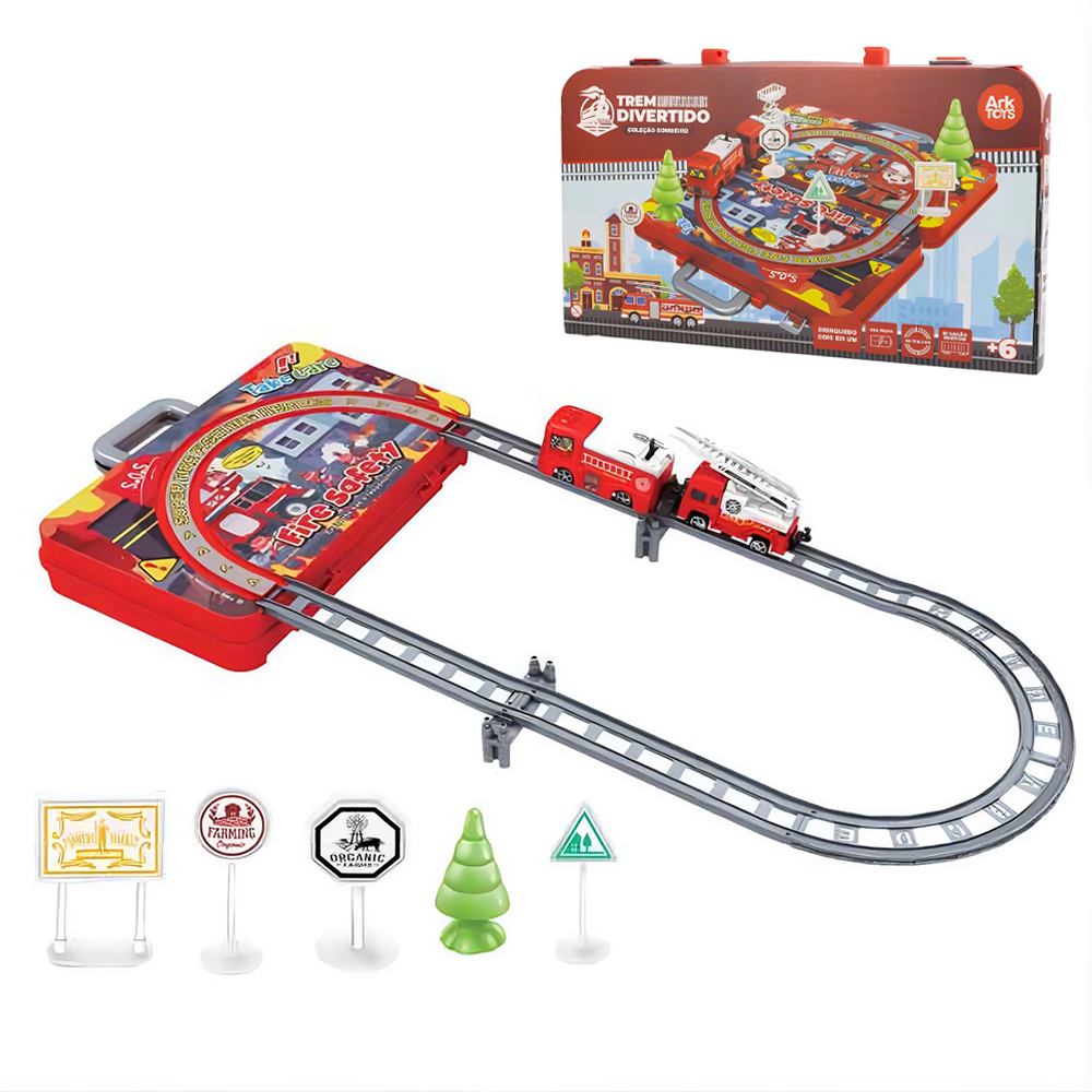 TREM LOCOMOTIVA CAMINHAO BOMBEIRO 2 EM 1 COM TRILHO + ACESSORIOS A PILHA 22 PECAS NA MALETA