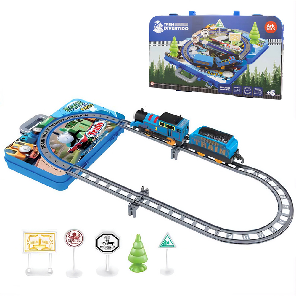 TREM LOCOMOTIVA 2 EM 1 COM TRILHO + ACESSORIOS A PILHA 22 PECAS NA MALETA