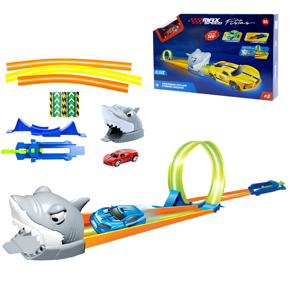 CARRO COM LUZ NEON EMBAIXO A BATERIA + LANCADOR E PISTA EFEITO GLOW TUBARAO LOOPING 360º MAX SPEED