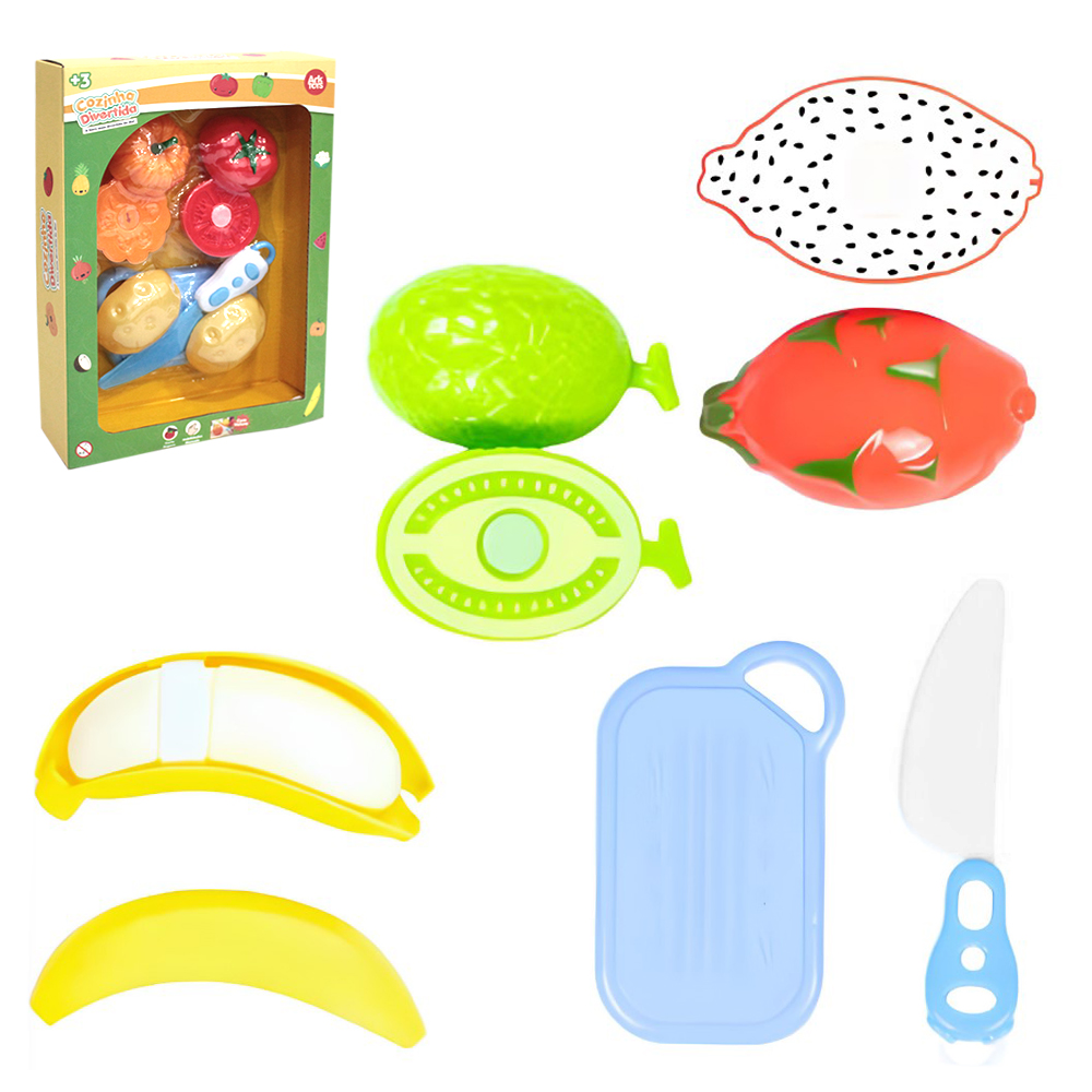 KIT COZINHA INFANTIL COM FRUTAS / LEGUMES + FACA E TABUA COM VELCRO COZINHA DIVERTIDA 8 PECAS