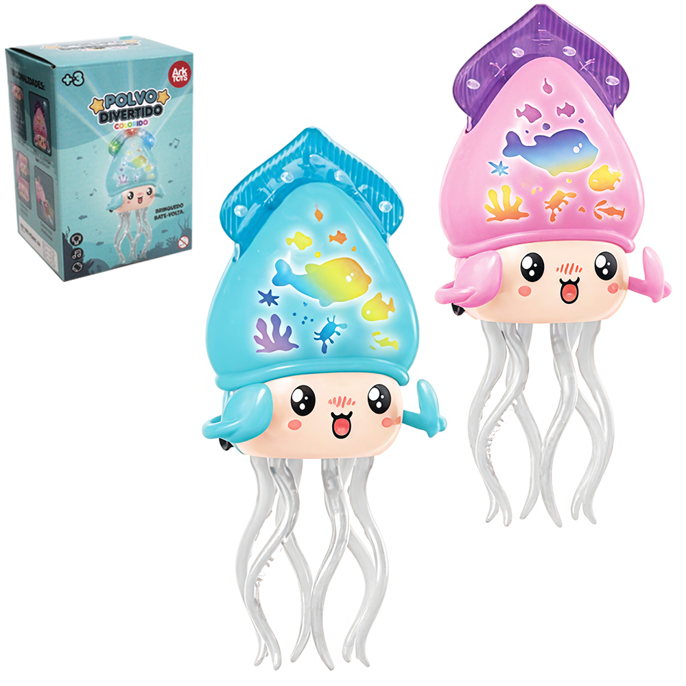 POLVO DIVERTIDO COLORIDO BATE E VOLTA COM SOM E LUZ 3D A PILHA