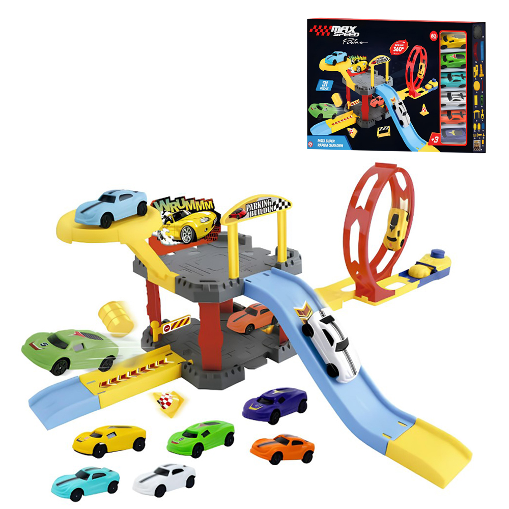 MONTA MONTA GARAGEM / PISTA ESTACIONAMENTO + 6 CARROS COM LANCADOR +(PISTA LOOPING) E ACESSORIOS 31 PECAS