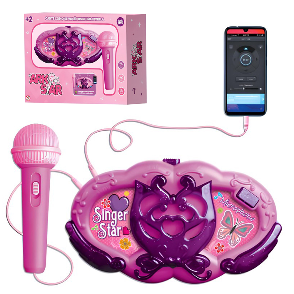 RADIO MUSICAL INFANTIL COM MICROFONE + LUZ E CABO P2 ARK STAR ROSA A PILHA