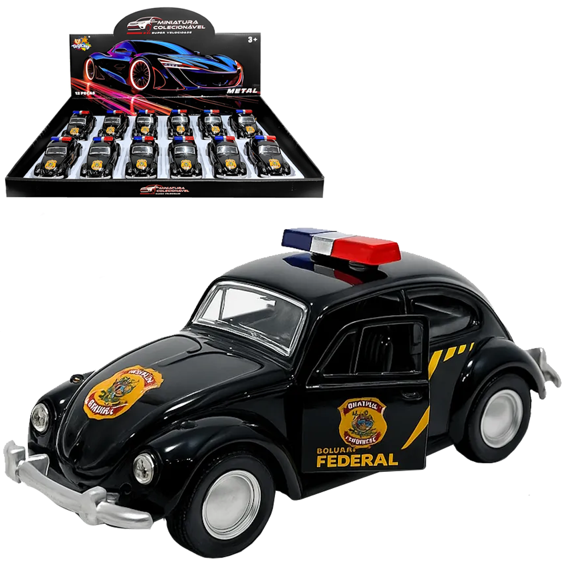 CARRO FUSCA POLICIA DE METAL A FRICCAO PULL BACK MINIATURA COLECIONAVEL DP PLAY