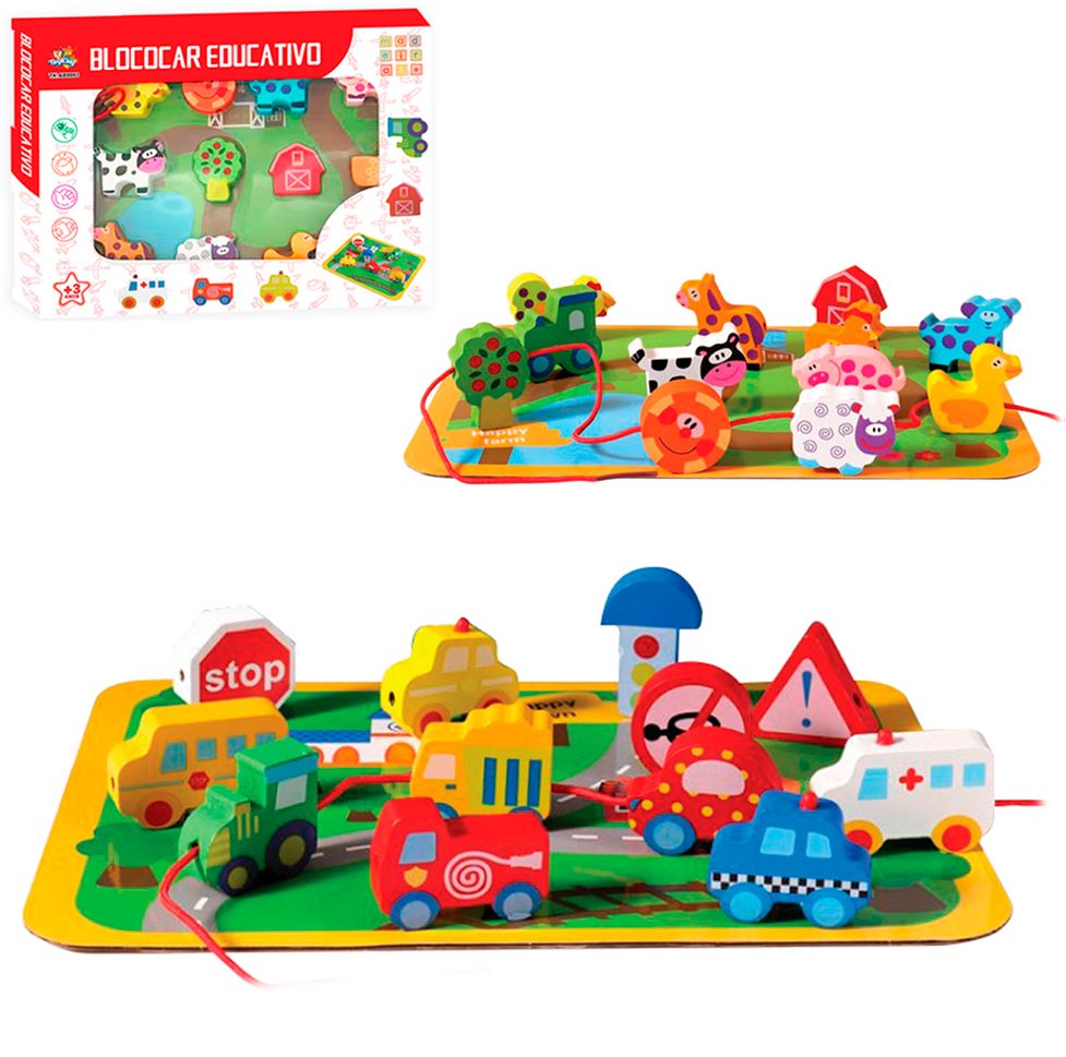 BRINQUEDO BLOCOCAR DIDATICO EDUCATIVO DE MADEIRA COM CORDAO 13 PECAS