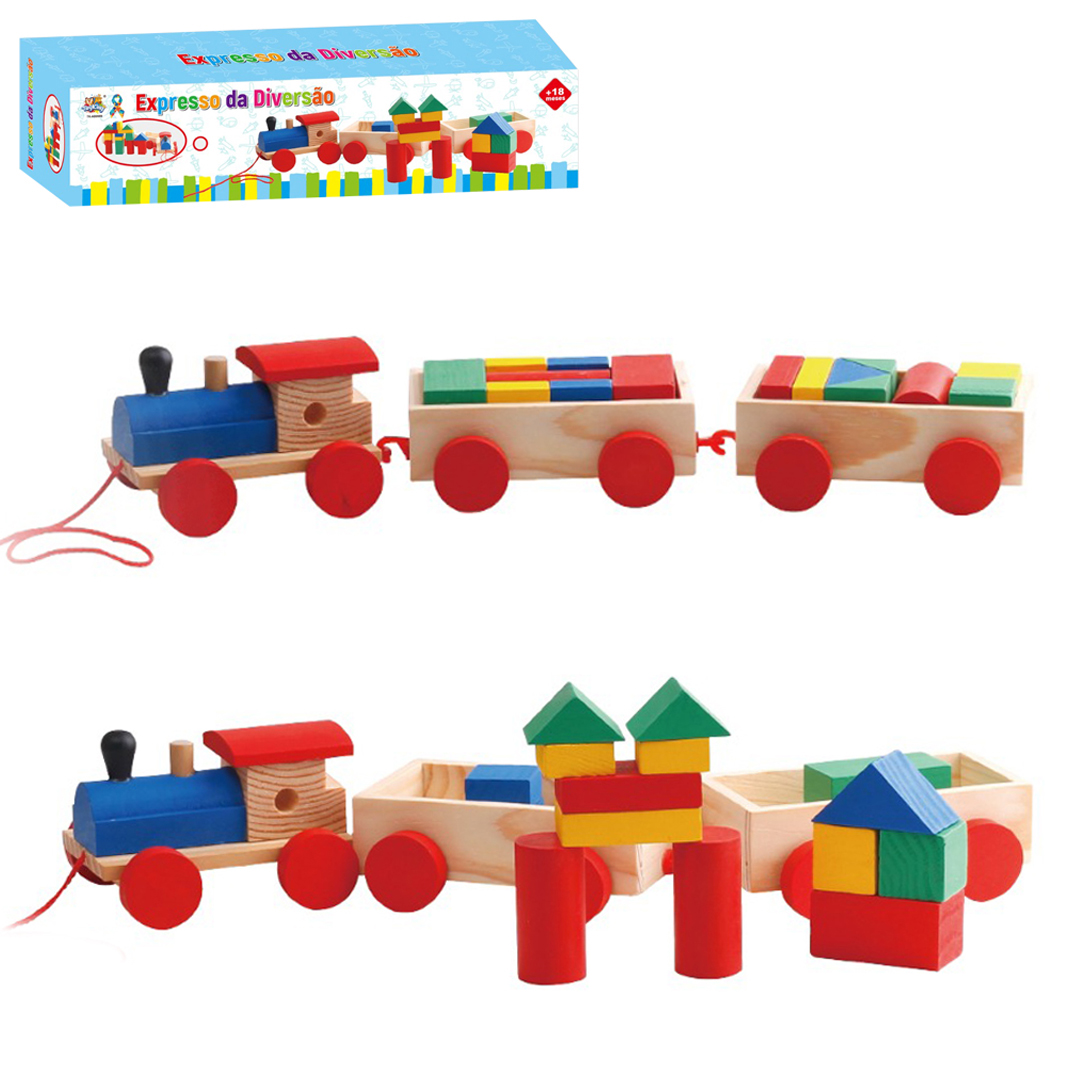 TREM / TRENZINHO LOCOMOTIVA DIDATICO EDUCATIVO 2 VAGOES + 15 FORMAS DE MADEIRA COM CORDAO RODA LIVRE
