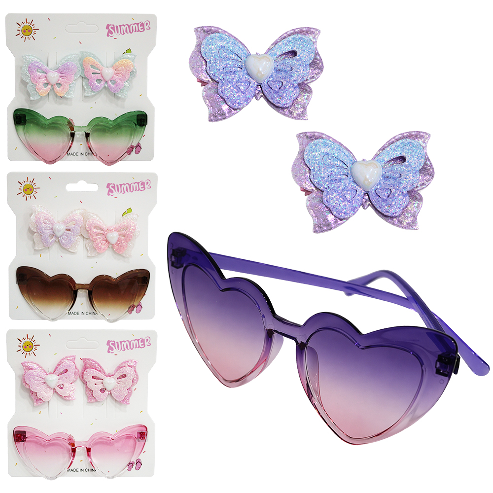 KIT BELEZA INFANTIL COM OCULOS CORACAO + 2 ACESSORIOS PARA CABELO PRESILHA BORBOLETA SUMMER